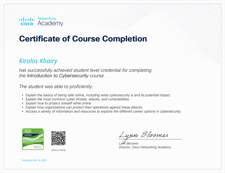 Превью сертификата Cisco Networking Academy — Introduction to Cybersecurity