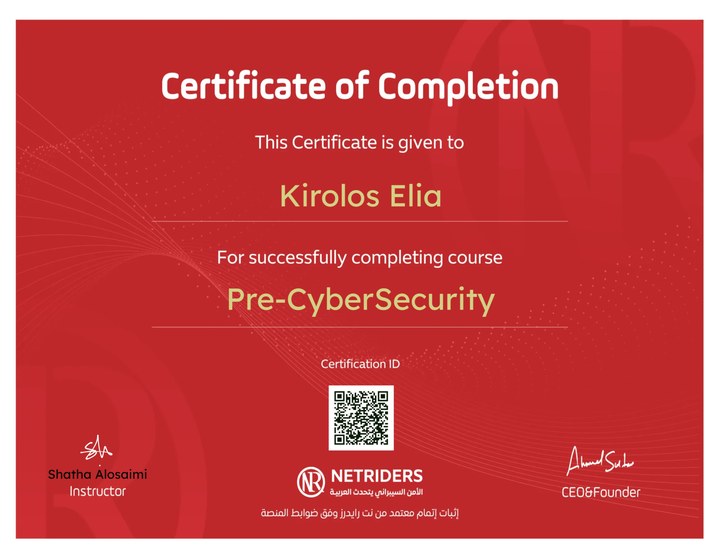 Превью сертификата NetRiders — Pre-CyberSecurity