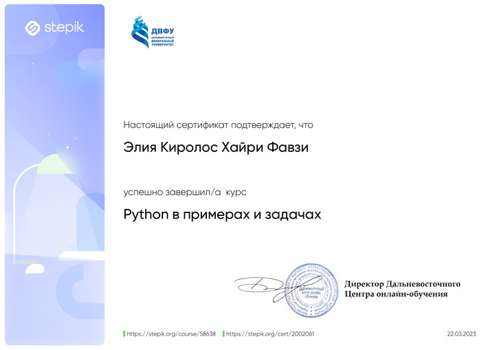 Превью сертификата Stepik — Python in Examples and Problems